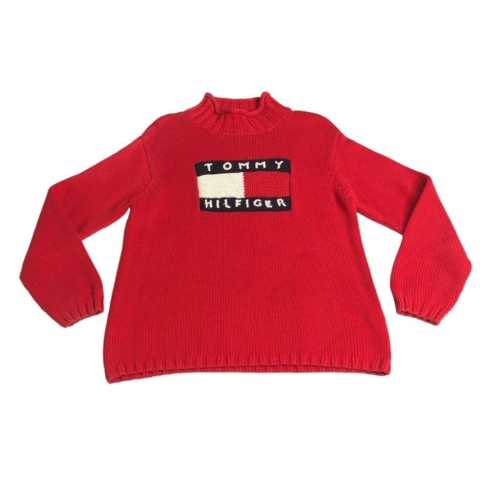 Vintage Tommy Hilfiger Sweater Mens M Red Spellout Box Logo Knit‎ Mock 90s Y2K